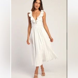 Sicilian Sun White Eyelet Embroidered Ruffled Lace-Up Midi Dress